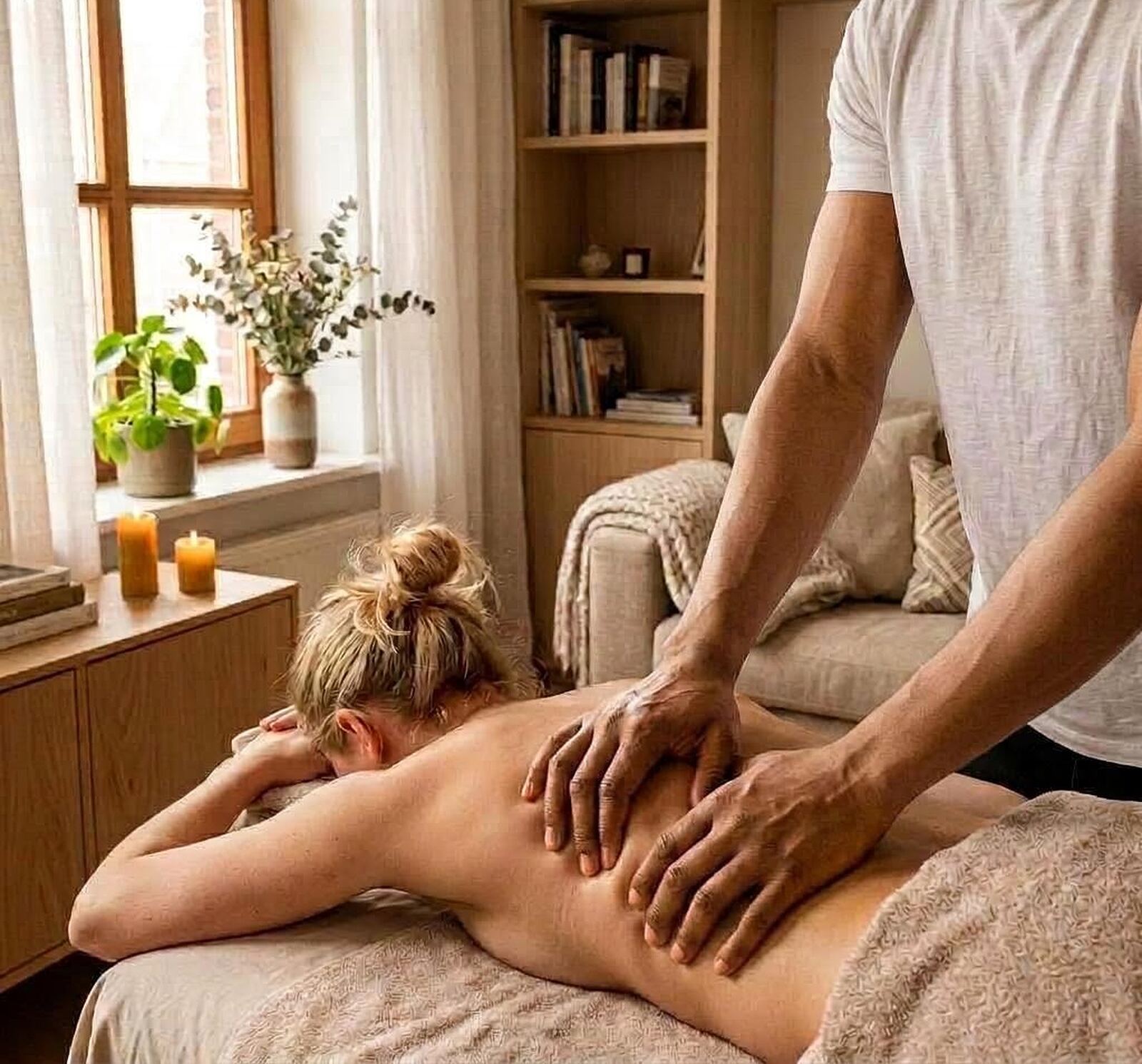 Een vrouw die volledig ontspant tijdens een massage aan huis